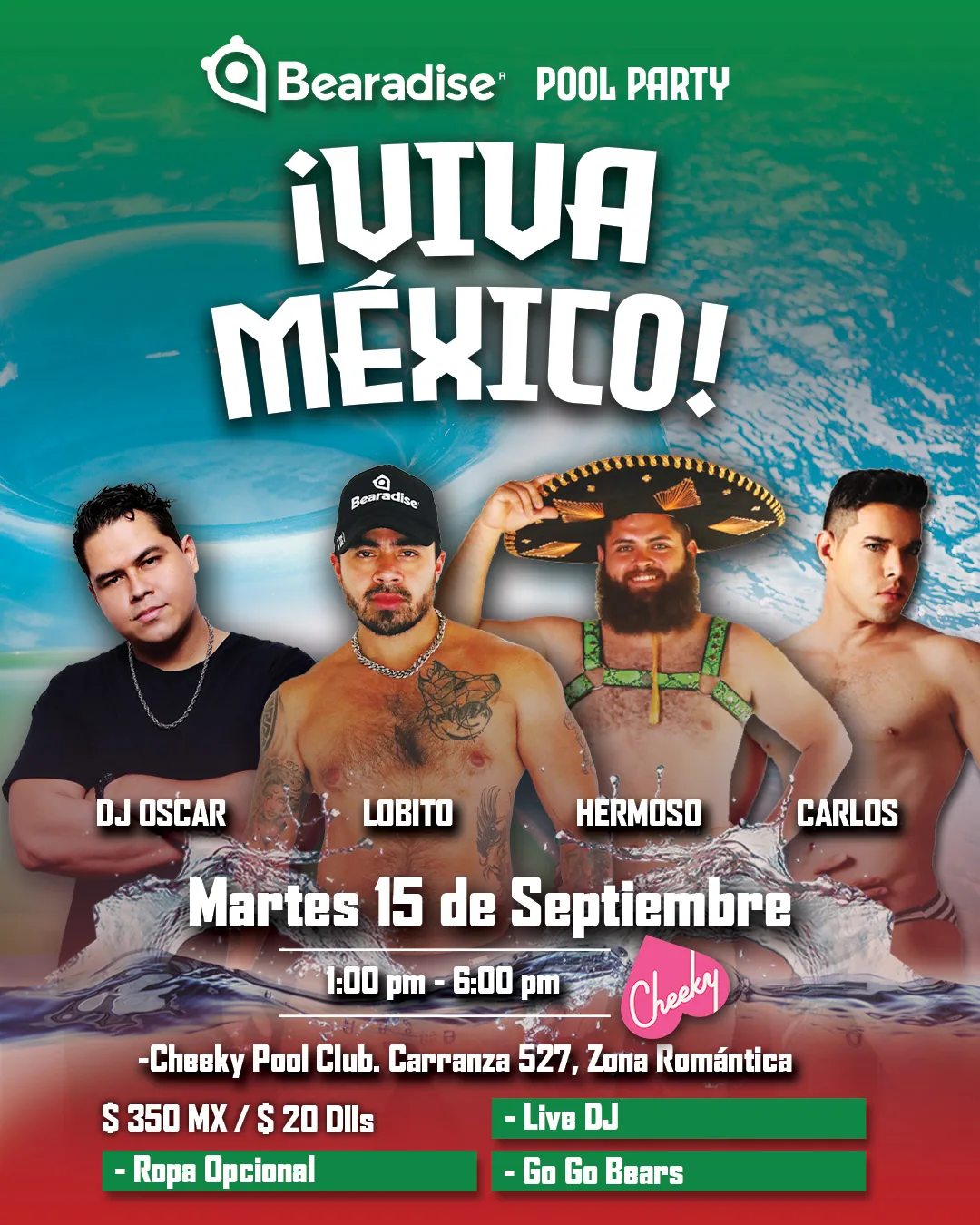 Cartel de la pool party Viva México: martes 15 de septiembre en Cheeky Pool Club, de 1:00 a 6:00 PM. Go Go Bears, DJ en vivo, ropa opcional, solo hombres.